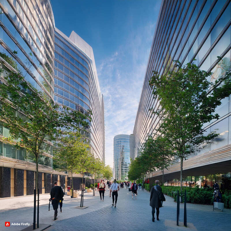 Architecture moderne des bureaux à louer à Toulouse Labège, promenade centrale avec des arbres